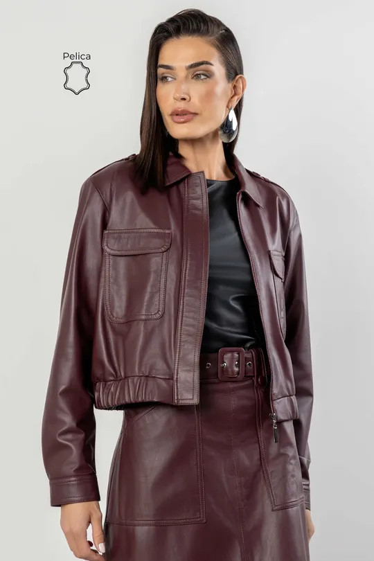 Jaqueta Vittoria de Couro Pelica Burgundy