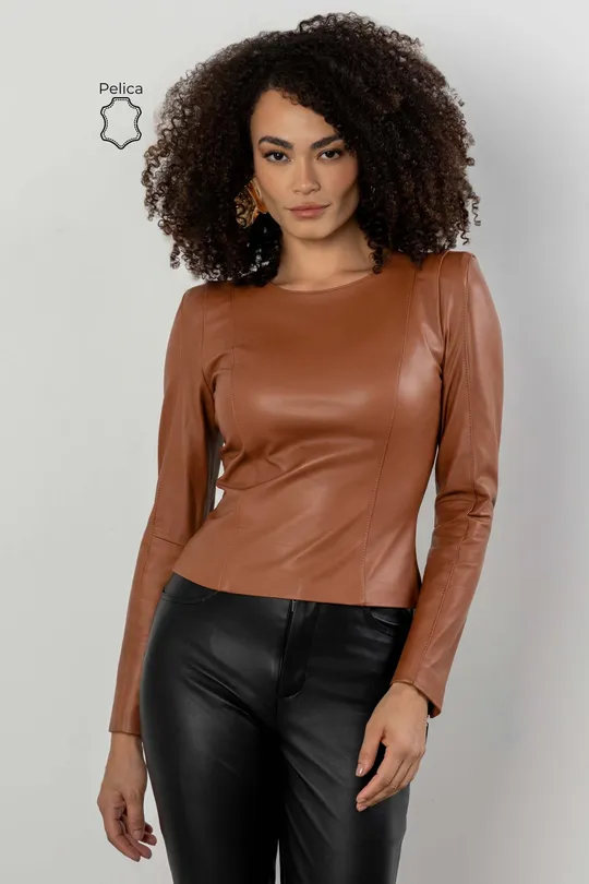 Blusa Ari de Couro Pelica Caramelo