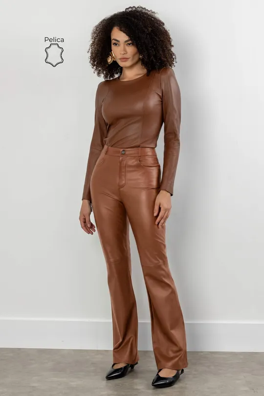 Calça Pamela de Couro Pelica  Caramelo