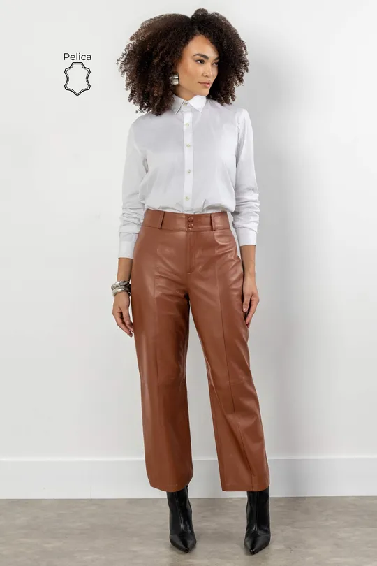 Calça Cris em Couro Pelica Caramelo