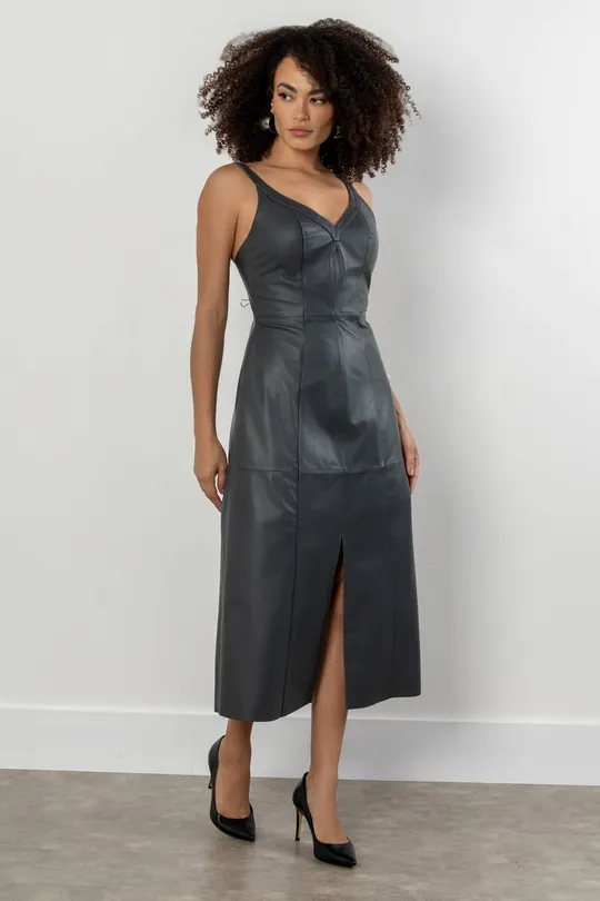 Vestido Midi em Couro Pelica Cinza