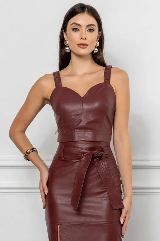 Top com Elástico Joy de Couro Pelica Bordo