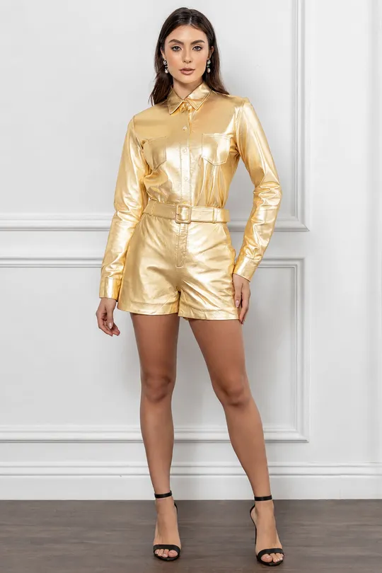 Short de Couro Pelica Dourado Metalizado