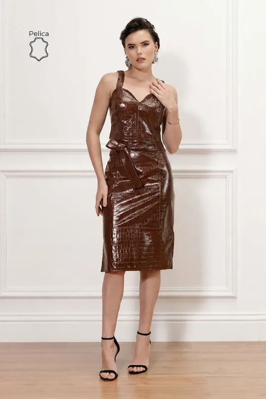 Saia Ketlin de Couro Pelica Croco Marrom