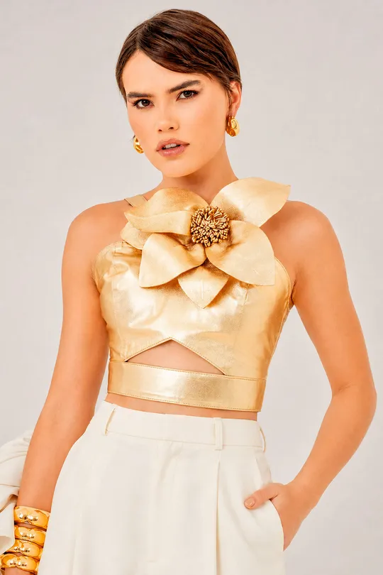 Cropped Betina em Couro Pelica Dourado