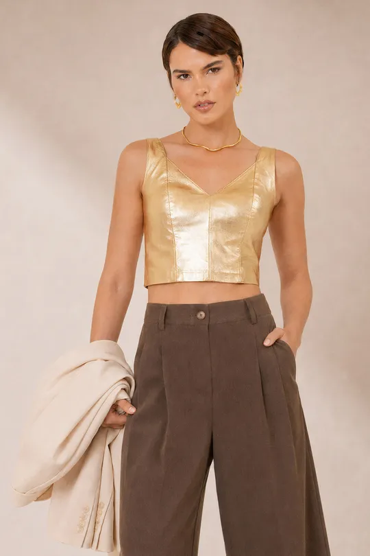 Cropped Paula em Couro Pelica Dourado