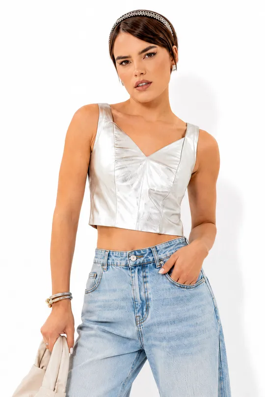 Cropped Paula em Couro Pelica Cor Prata