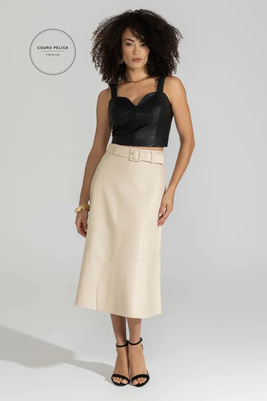 Saia Midi Ceci de Couro Pelica Off White