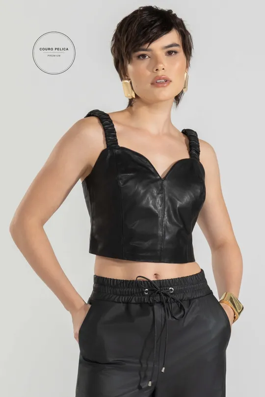 Top com Elástico Joy de Couro Pelica Preta