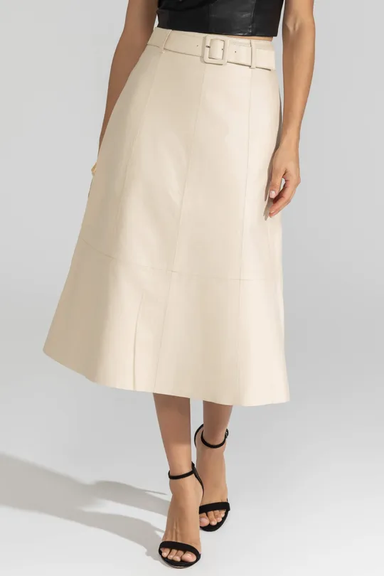 Saia Midi Ceci de Couro Pelica Off White Saia Midi Ceci de Couro Pelica Off White