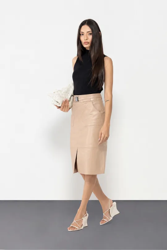 Saia Lápis com Fivela em Couro Pelica Blush