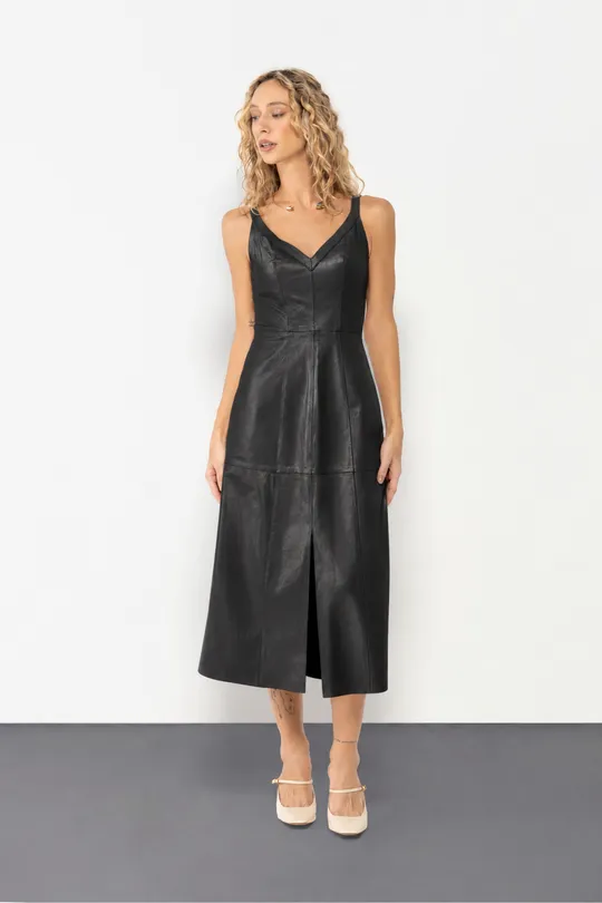 Vestido Midi em Couro Pelica Preto