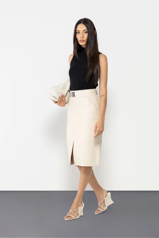 Saia Lápis Com Fivela em Couro Pelica  Off White