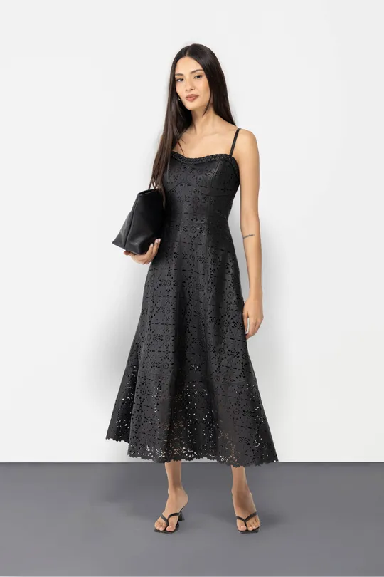 Vestido Roslyn em Renda com Decote em Tranças Pelica Preta