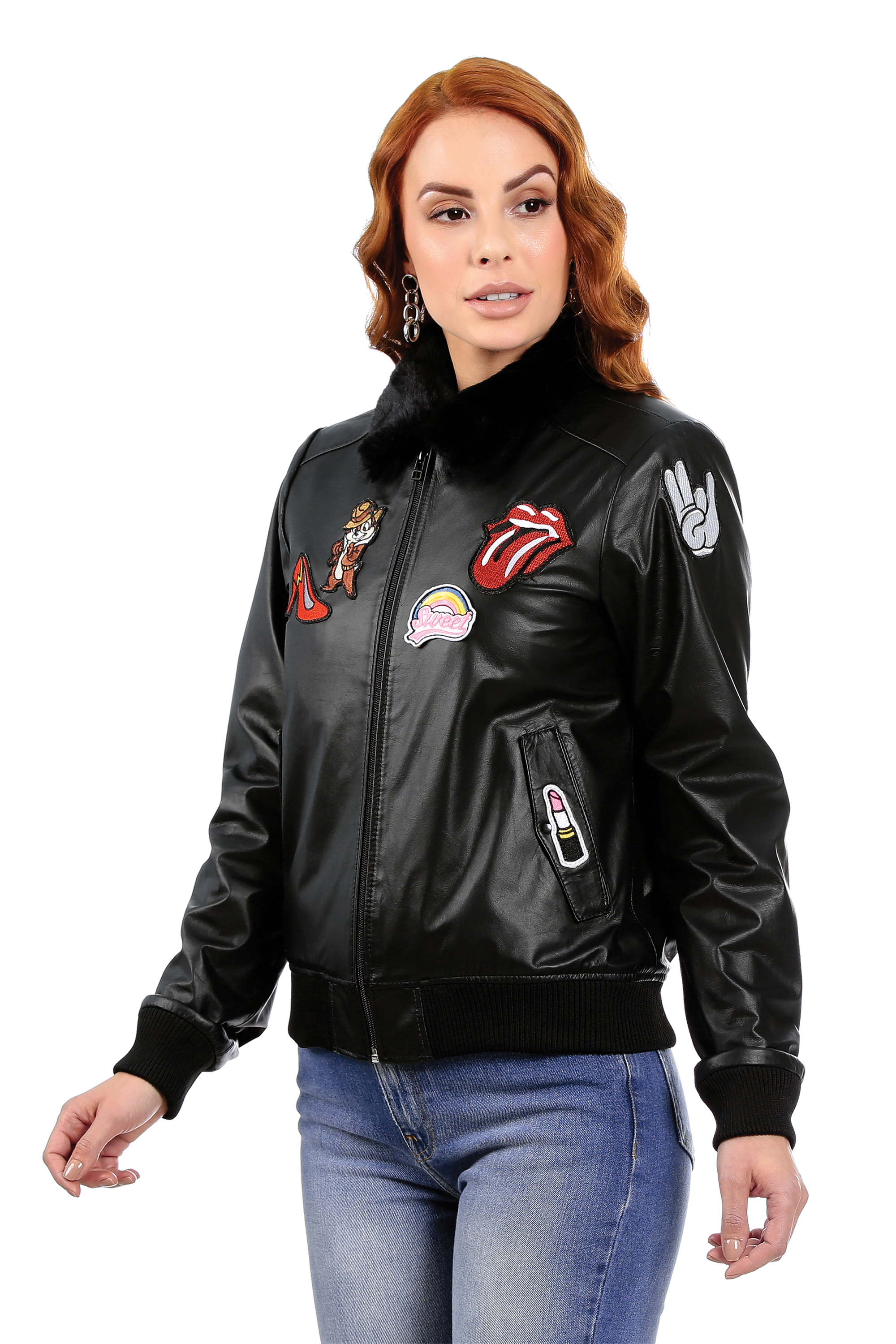 Jaqueta Preta Jaqueta Couro Bordada Jaqueta De Couro Com Patches Preta